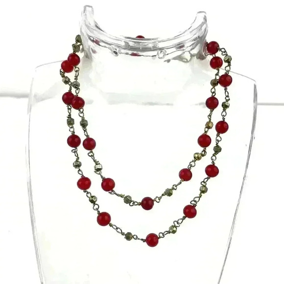 Dark Red Glass Round Bead Bronze Metal Necklace 22" Jewelry - Picture 6 of 10